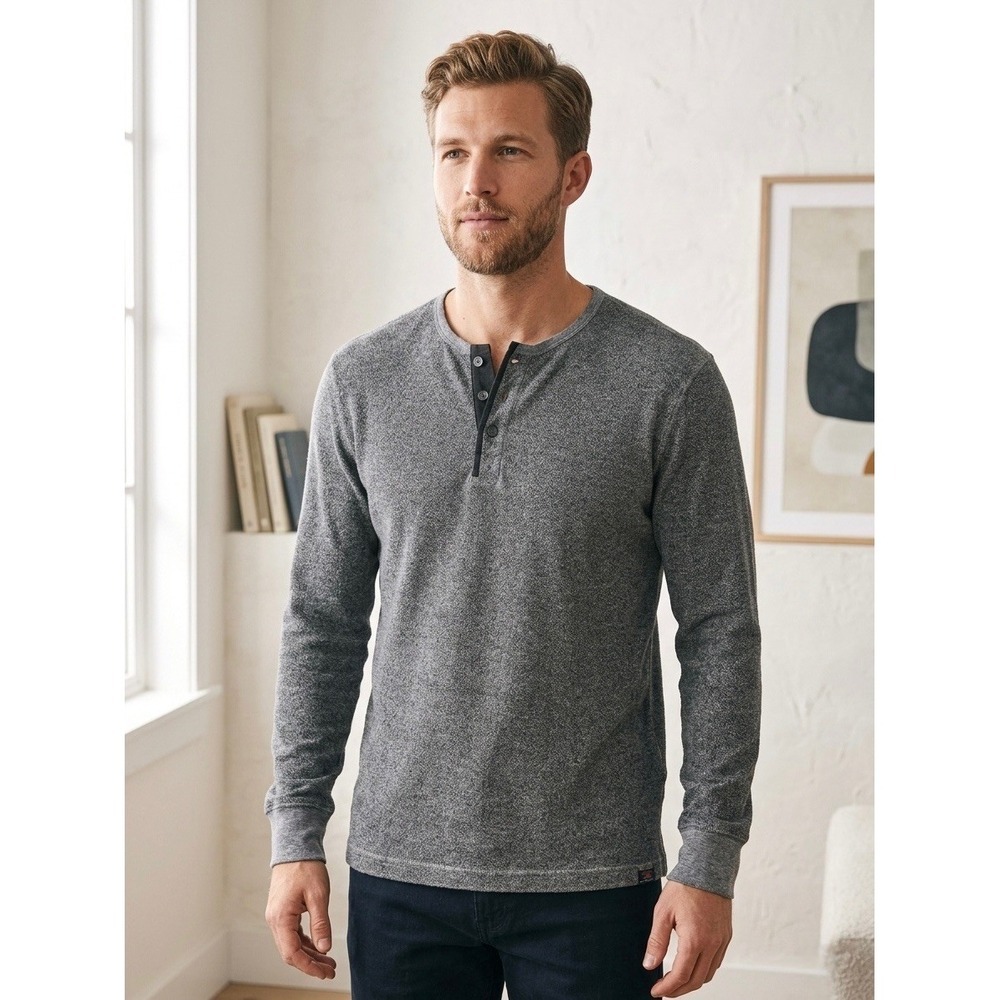 Faherty Brand Mens Cloud Henley Charcoal Gray Cotton Long Sleeve Shirt MKF1915 L